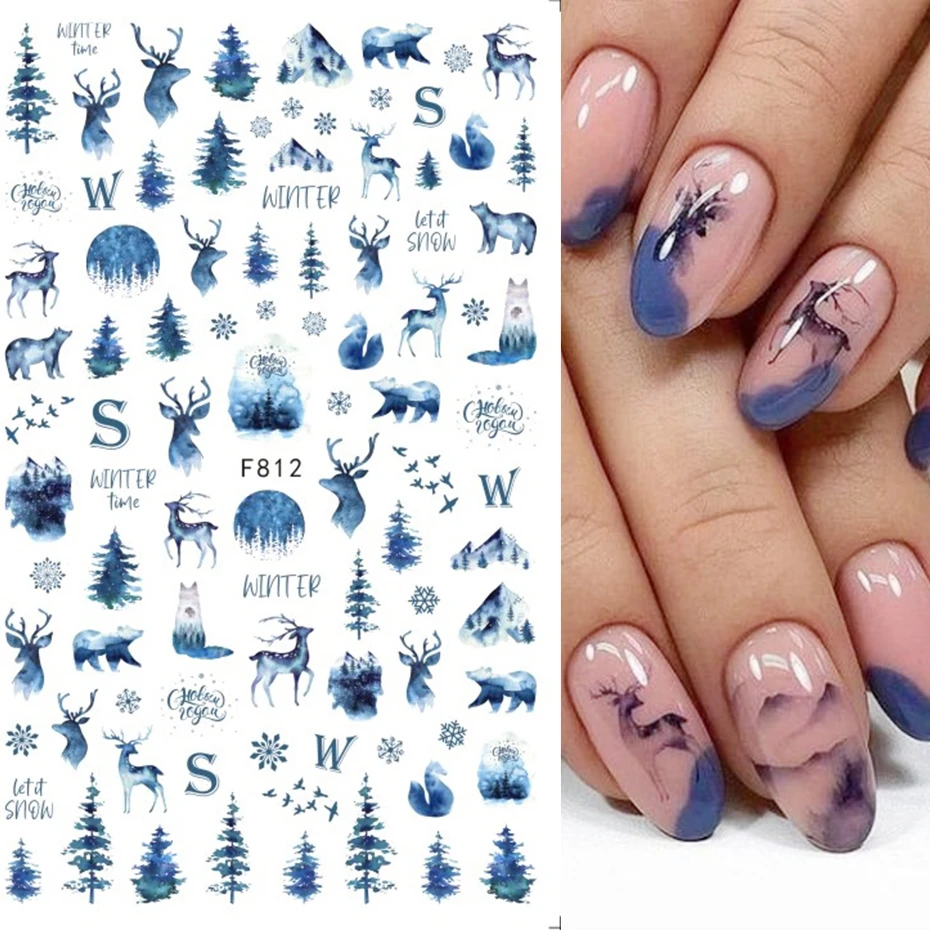 Blue Christmas Nail Art Stickers 3D Fir Elk Mountain Snowflake Holly Animal  Winter Xmas Design Manicure Slider Decoration BEF812| | - AliExpress
