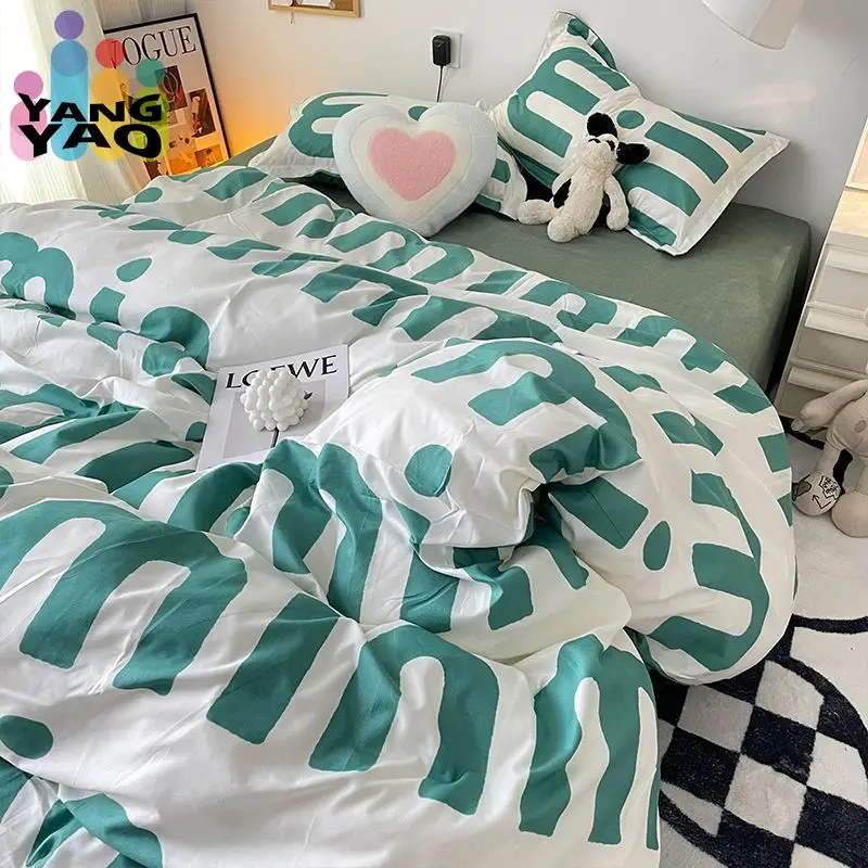 Korean Style Green Letter Bedding Set Twin Full Queen Size Bed Linen Girls Adult Bed Flat Sheet Pillowcase Kawaii Duvet Cover