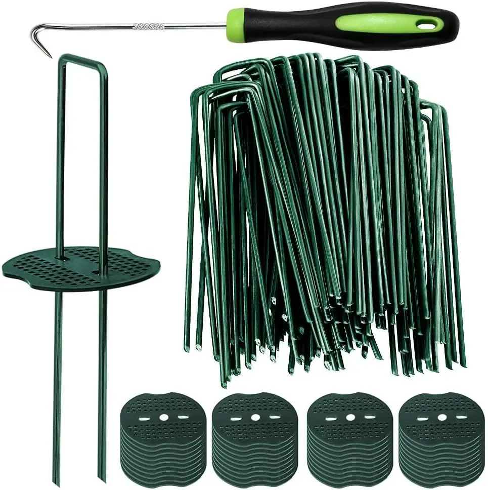 

50/100/150/200Pcs Green Artificial Turf Stakes Staples+Buffer Washer+1pcs pick hook,Yard Ground Pin for Grass Weed Barrier