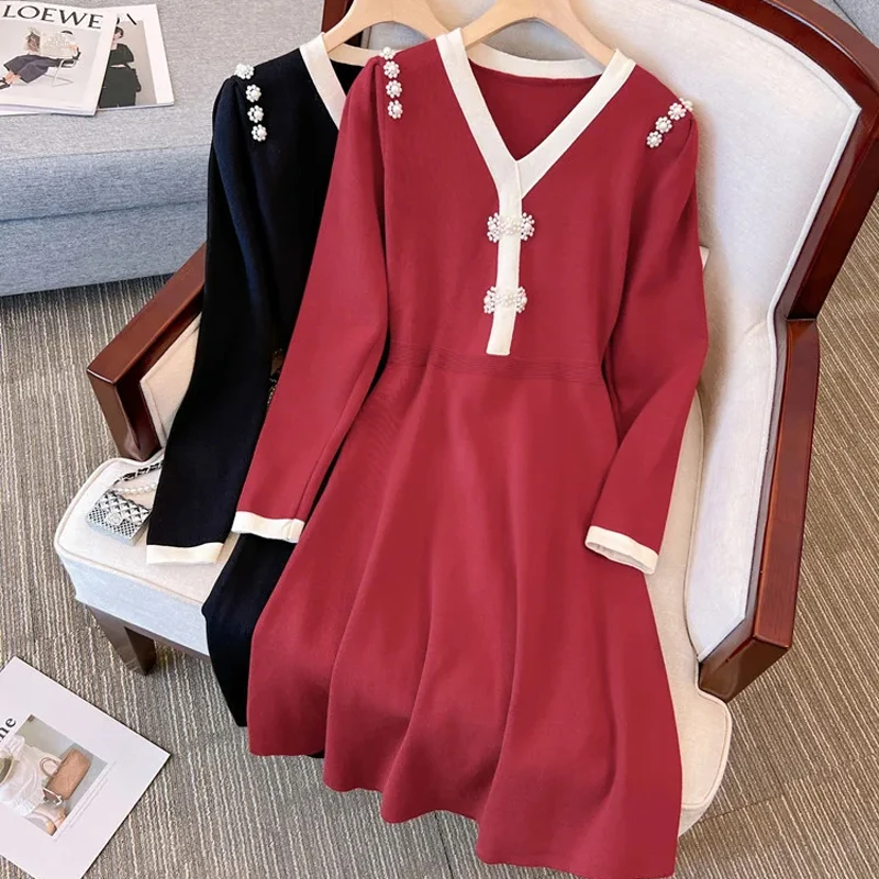 

Elegant Beading Knitted Dress For Women 2023 Casual Female Large Size 4XL Autumn Winter Warm Black Red Party V Neck Slim Clothes