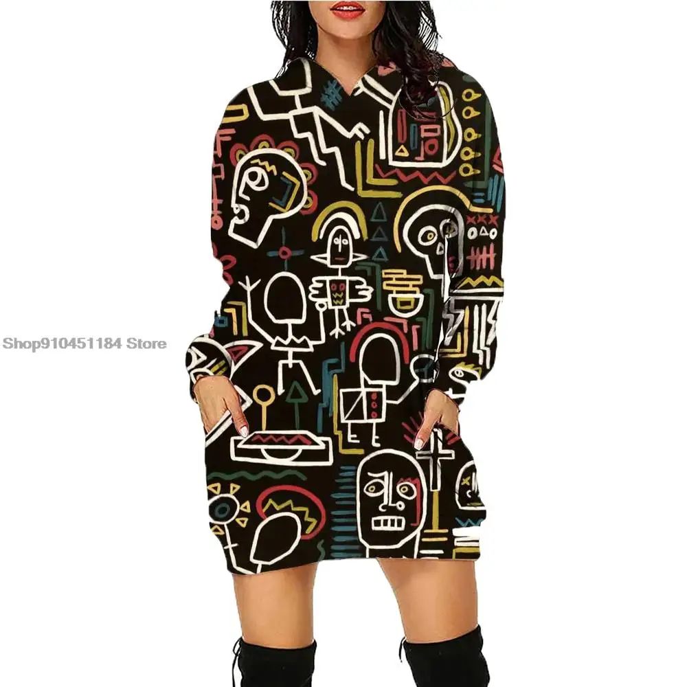 

2023 Retro Women Hoodie Dress Painted Print Pattern Bohemia Daily Workout Hoodies Long Sleeve Pullover Autumn Winter Loose Tops