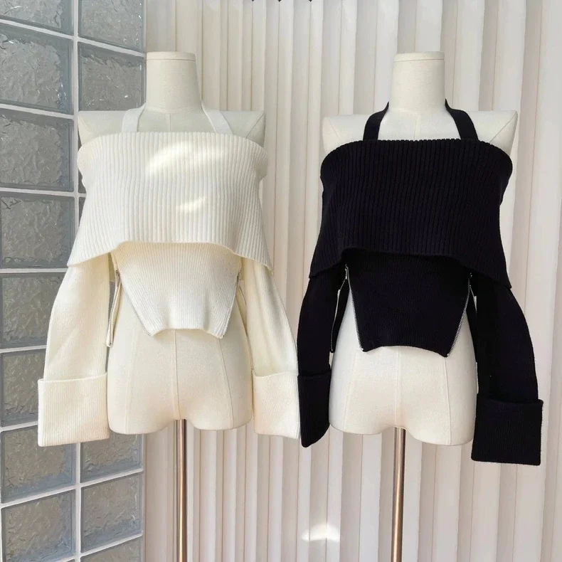 

Milk white plush foldable cuffs, one line collar, hanging neck knit shirt, autumn winter clothes women LOOSE