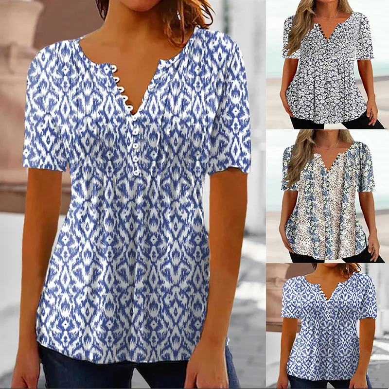 

Women's Top 2023 Summer Loose V-Neck Pullover Short Sleeve Button Print T-shirt Woman Lady Fashion Casual Versatile Tees Female