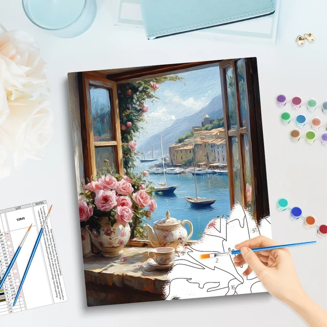 Gatyztoire – Kit de peinture par numéros pour rebord de fenêtre, fournitures d'art, marqueurs de couleur à l'huile, cadre photo, aquarelle, décoration de la maison 2
