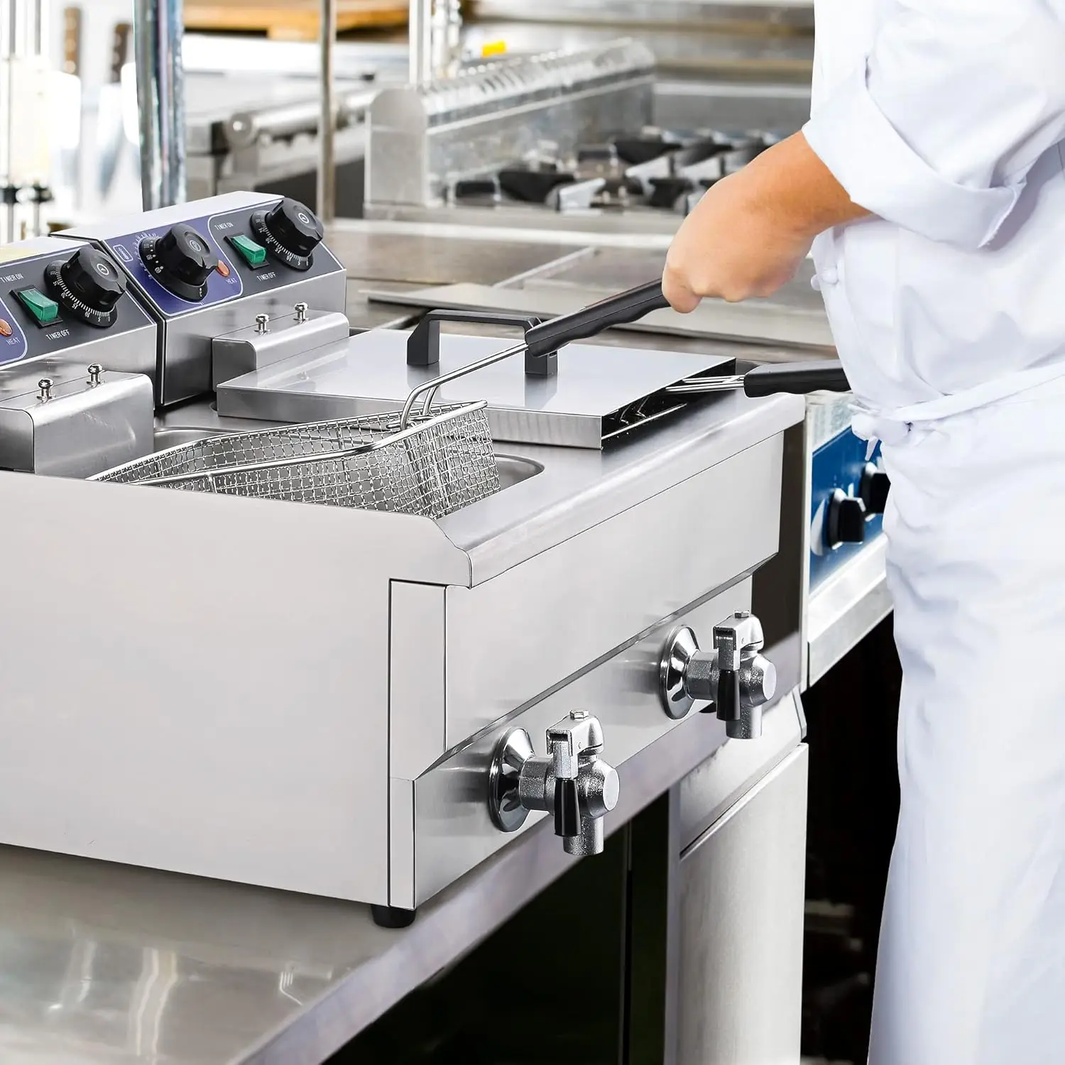 WeChef Commercial Electric Deep Fryer 23.4L 3000W Fryer w/Time Control and Oil Filtration Dual Removable Basket Stainless Steel