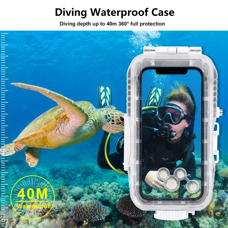 

40m/130ft Waterproof Diving Case for iPhone 12 13 14 Pro Max with One-way Valve Deep Water Taking Underwater Housing Cover