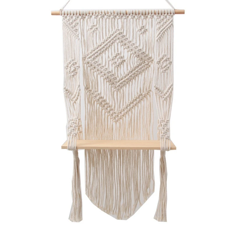 Tassel Macrame Wall Hanging Shelf Boho Cotton Rope Woven Tapestry Plant Hanger Wood Floating Shelf Wall Decor