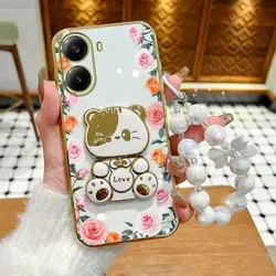 Gradient Rose Leaves Phone Case Set with Lanyard and Rabbit Stand - Poco X3 (WHITE)