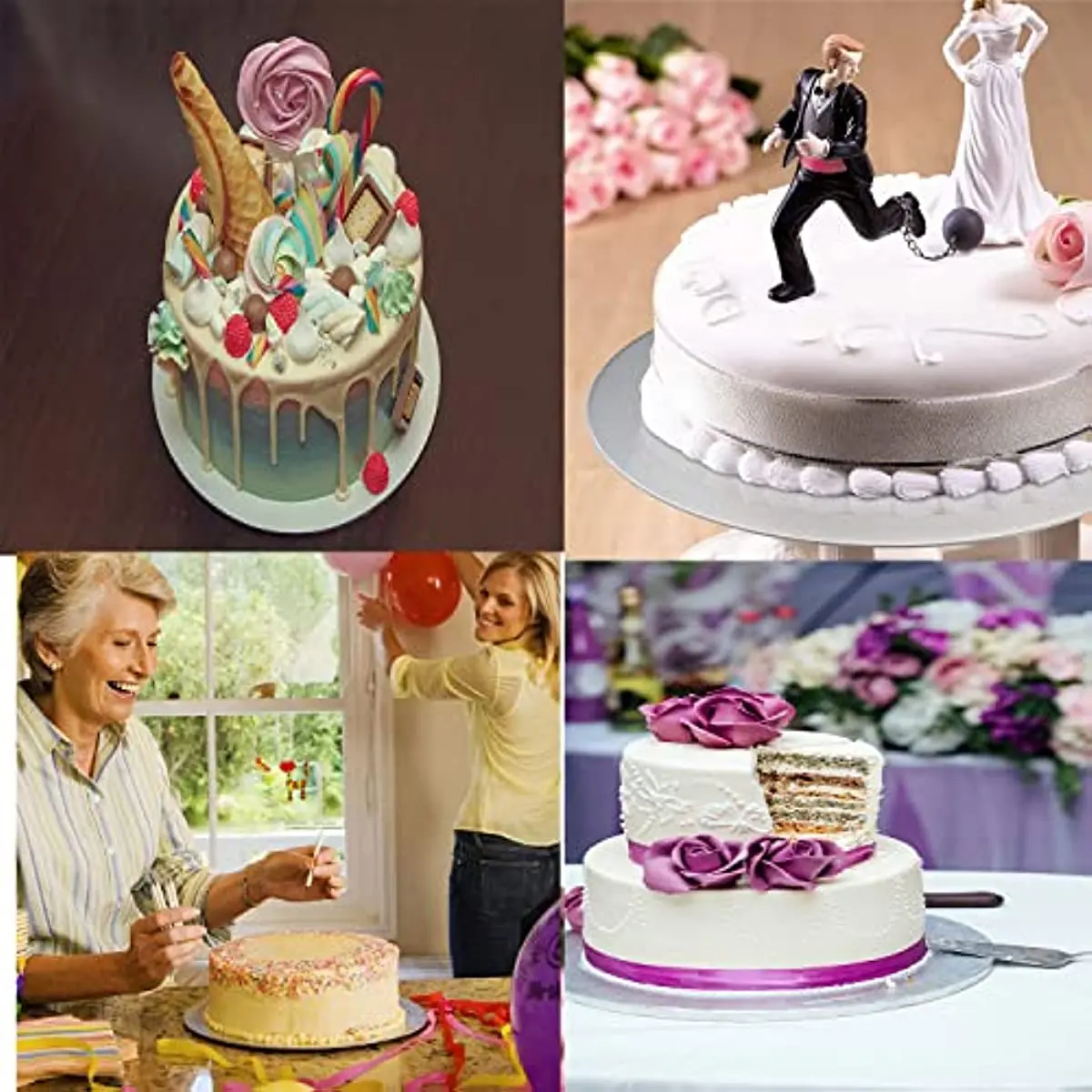Round Cake Boards with Scraper, Silver Foil, Round Cake Circles, Base Cardboard, Reusable for Baking, 6,8,10,12Inch, 4Pack