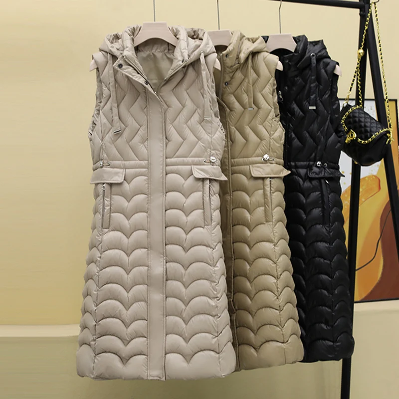 

SWREDMI Autumn And Winter Fashion Warm Long Waistcoat Women Hooded Slim Drawstring Vest Coat S-3XL Snow Wear