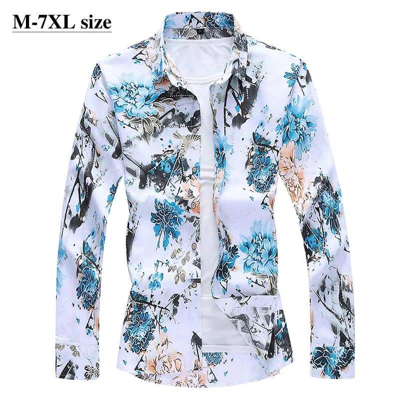 2023Autumn Men's Long Sleeve Flower Shirt Chinese Style Printing Fashion Business Slim Fit Casual Shirts Plus Size 5XL 6XL 7XL