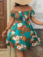 Plus Size Summer Elegant Women's Floral Print Dress Casual Vacation Vintage Off the Shoulder Dresses - Image 2