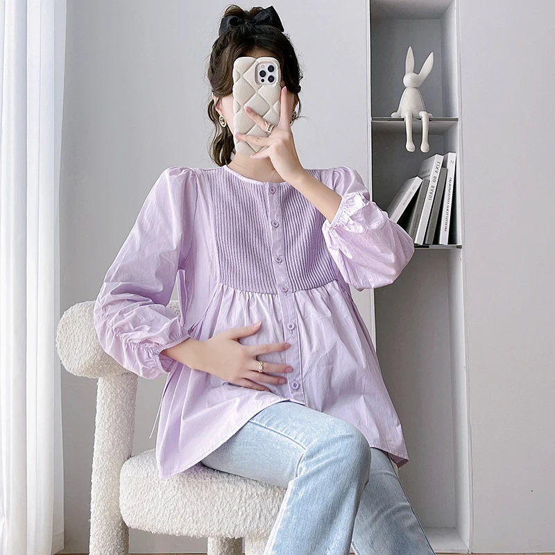 

2024 Autumn Maternity Fashion Loose Shirts Drawstring Long Sleeve O-neck Button Fly Pregnant Woman Pleated Blouses Purple White