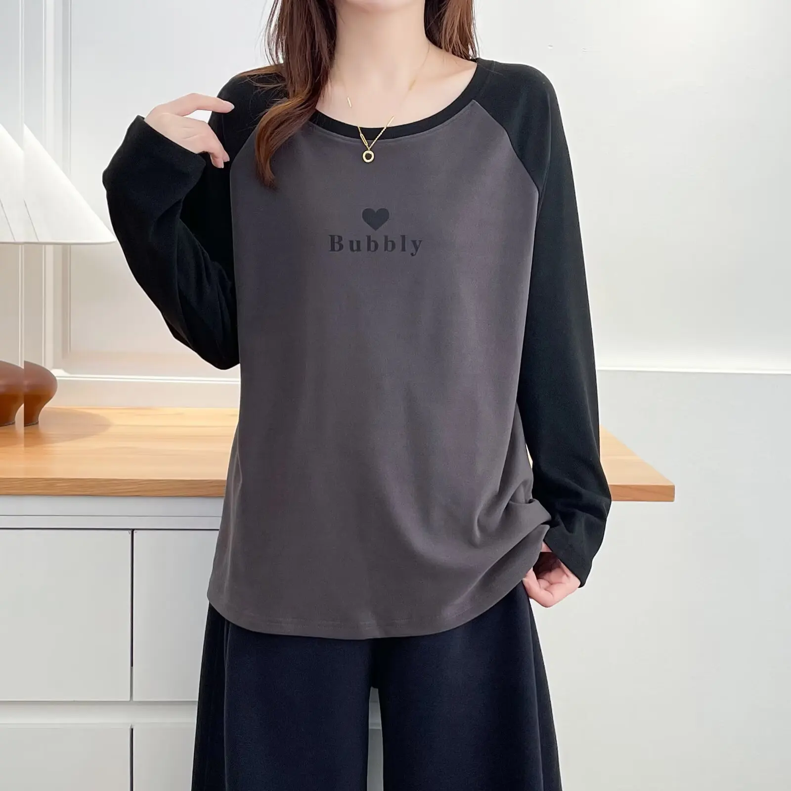 XXXXL Fashion Plus Size Women's T-Shirt Autumn Winter New Simple Color Block Printed Warm De Velvet long-sleeved Inner Top 2531