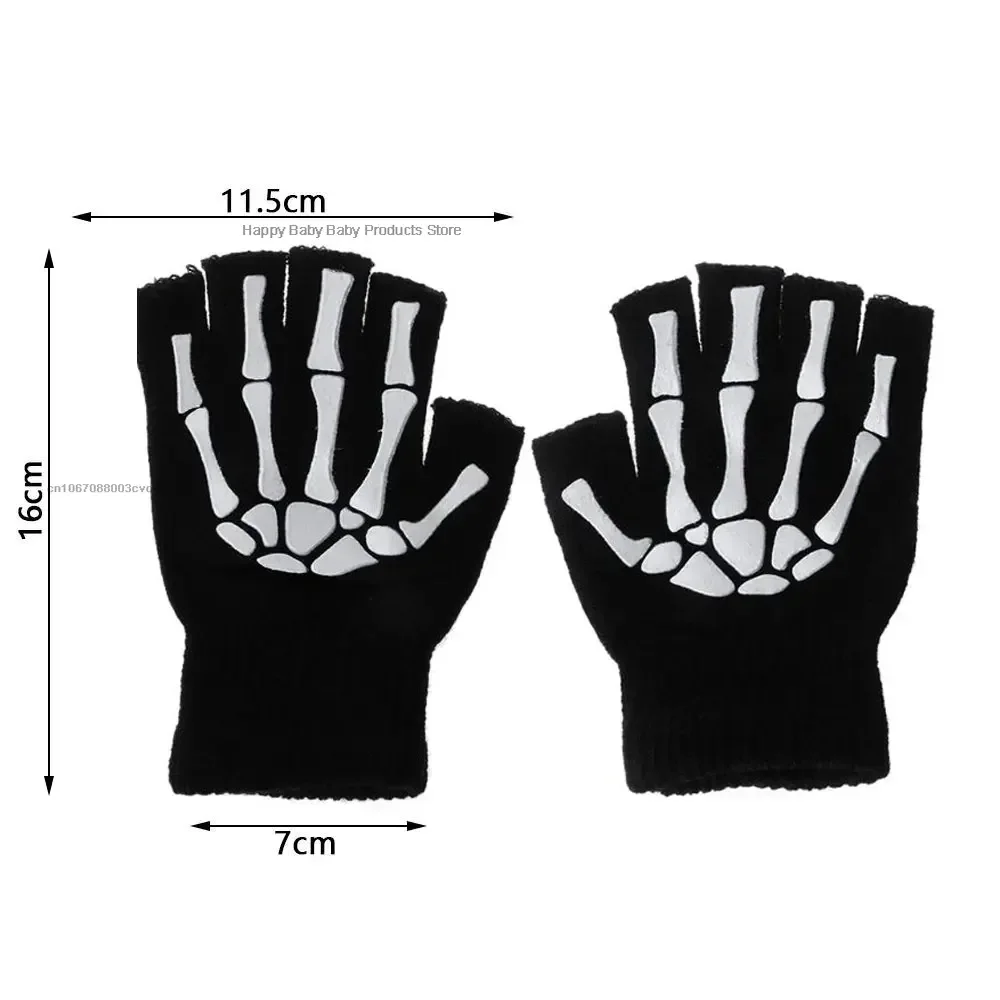 5-11T Kids Halloween Skeleton Skull Half Finger Luminous Punk Gloves Winter Skull Fingerless Black Mitten 1pair