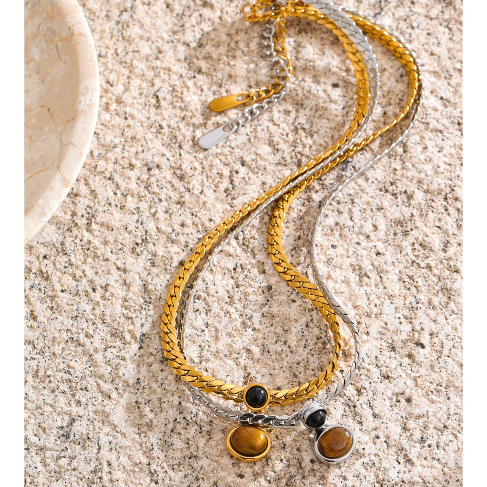 Yhpup Golden Chain Tiger Stone Pendant Necklace