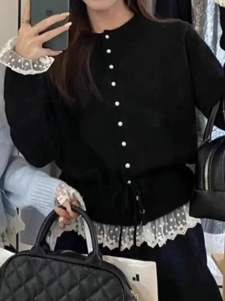 Knitted Sweater Women 2025 Autumn New Arrival Pearl Buttons Lace Patchwork Sweaters Pullovers Korean Style Casual Outwear Tops