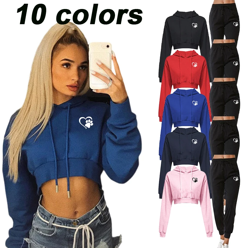 

New women's sportswear short top hoodie+long pants two-piece set with exposed navel jogging set for girls' sportswear