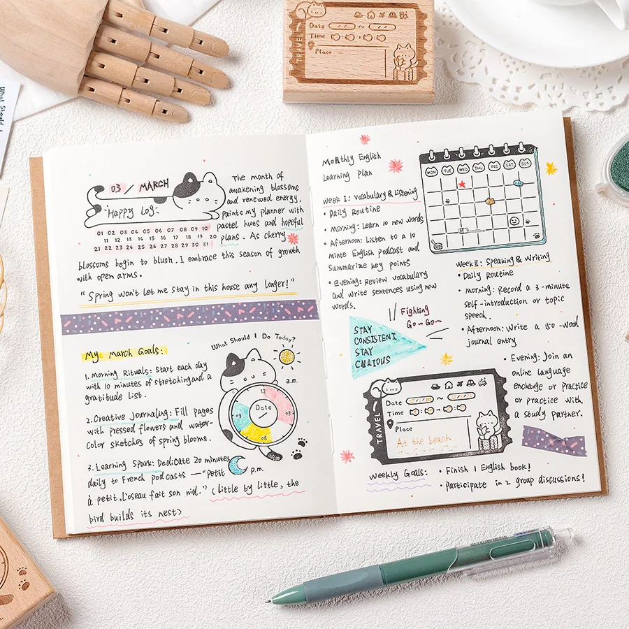 Memo Cat Box Wooden Hand Account Seal Retro Cat Sc...