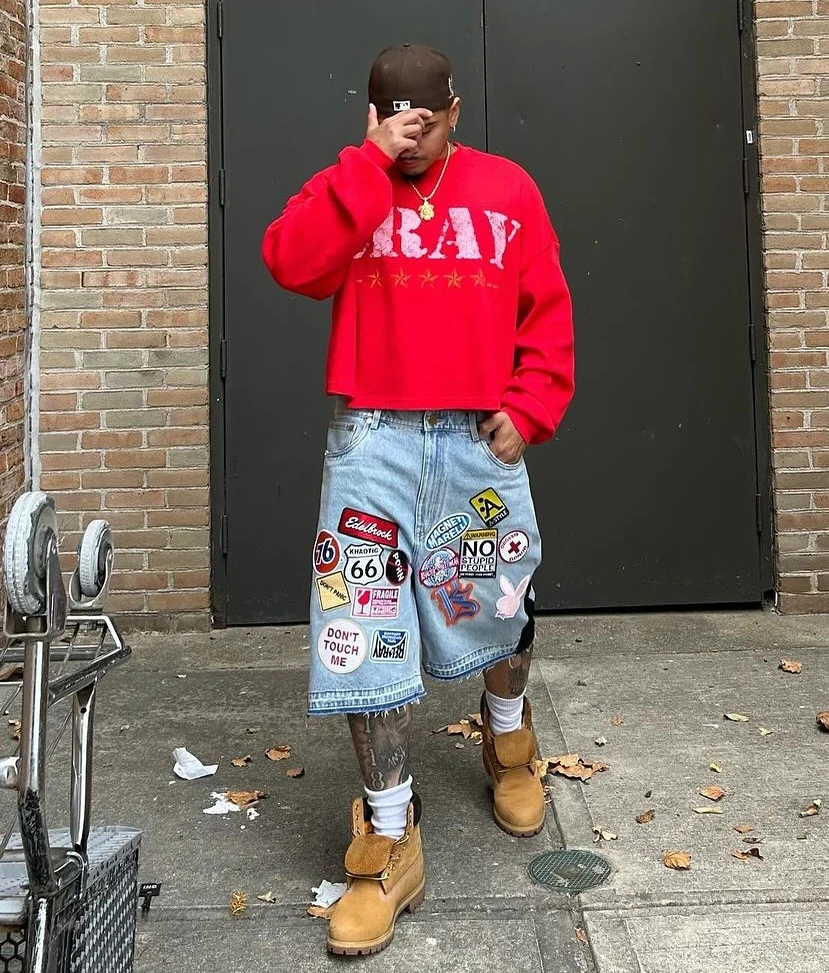 Denim Shorts Summer Jeans Shorts Y2K Jeans Men Women Hip Hop Cartoon Graphics Streetwear Retro Patchwork Loose Denim Fitness Casual