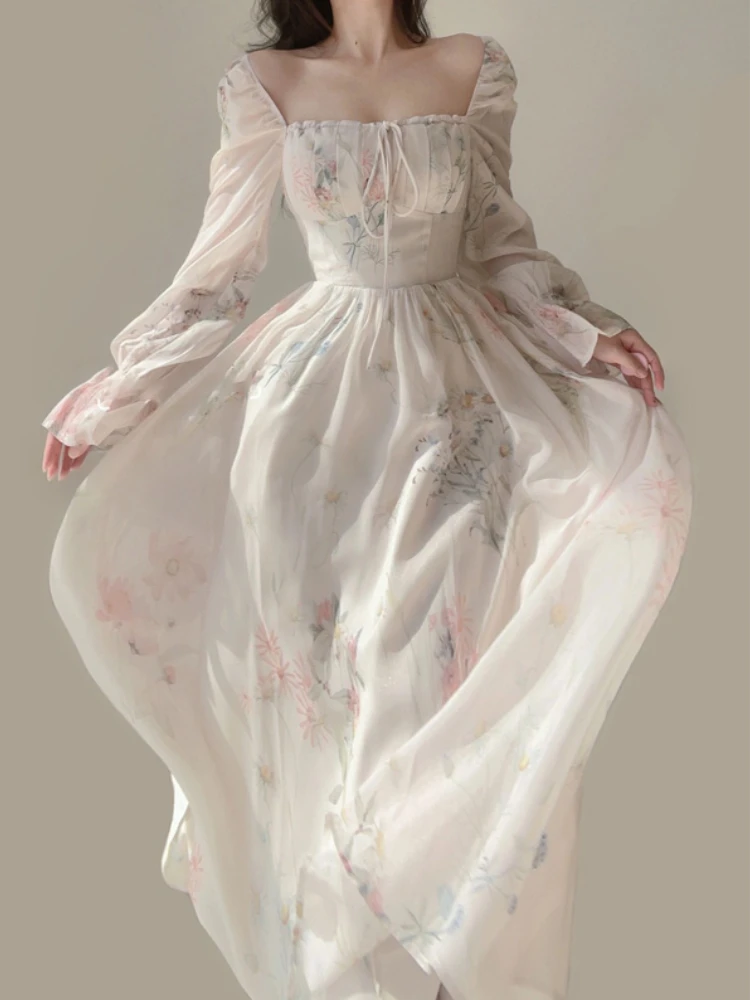 2023 Summer Elegant Floral Fairy Dress Woman Beach Style Party Long Sleeve Midi Dress Fashion Female One Piece Dress Korean Boho 4