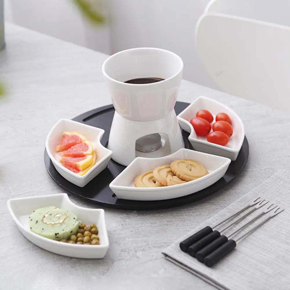 Even Heating Ceramic Pot Chocolate Fondue Set Elegant Ceramic Fondue Butter Warmer Set for Chocolate Cheese for Even Dipping