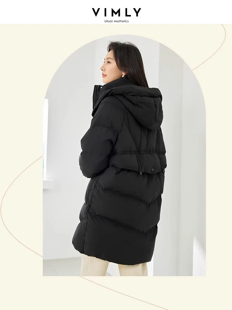 Vimly Lightweight Long Down Coat Women 2023 Winter Warm Hooded Stand Collar Zipper Straight Puffer Jacket Female Outerwear 50673