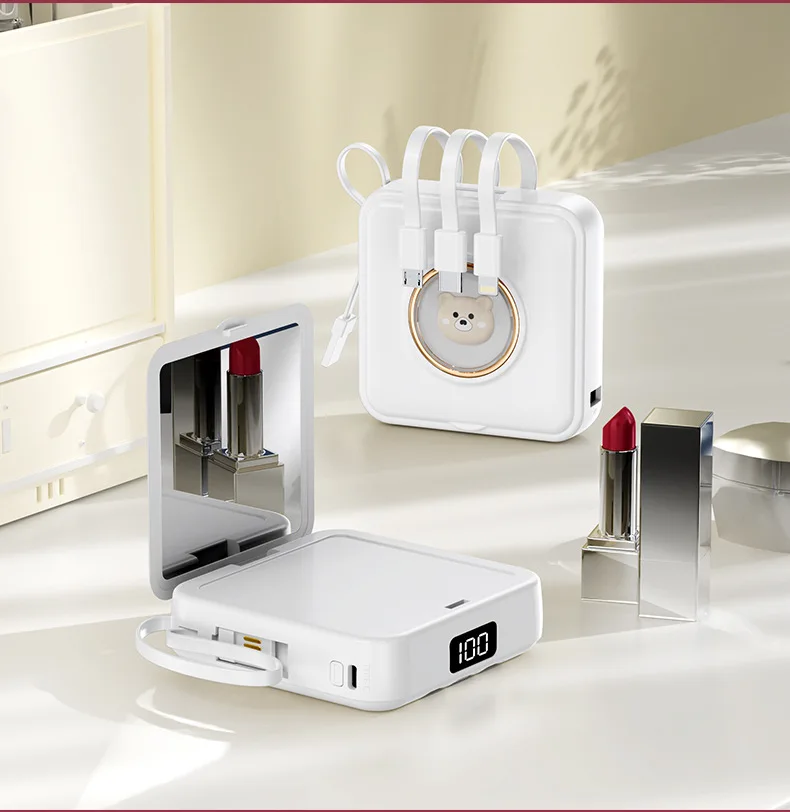 Draagbare Power Bank 20000 mAh Gebouw Kabel Make-up Spiegel Externe Batterij Mini Power Bank voor Xiaomi Samsung S23 OPPO iPhone 16