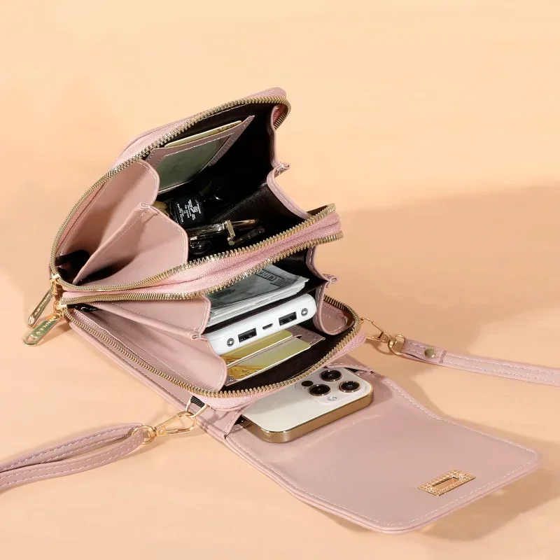 Large Capacity Mobile Wallet with Shoulder Strap Touch Screen Phone Bag for iPhone Samsung Fits Below 6.5 Inch Phones