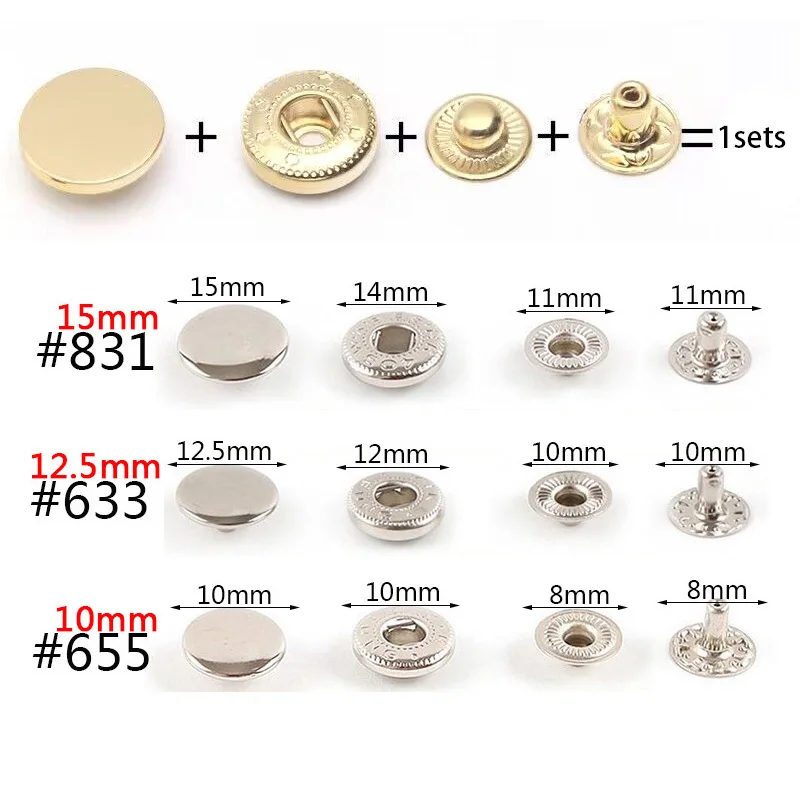 50Sets Leather Snap Fasteners Kit 10mm 12mm 15mm Metal Button Snaps Press Studs 4 Install Tools Leather Snaps For DIY Clothes 2