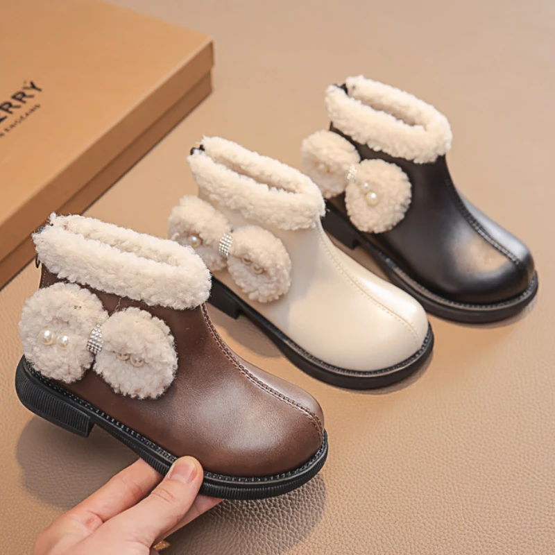 

Girls Boots Kids Lamb Wool Warm Winter Shoes Fashion Bow Cotton Shoes British Style Leather Soft Sole Ankle Boots Zapatos Niña