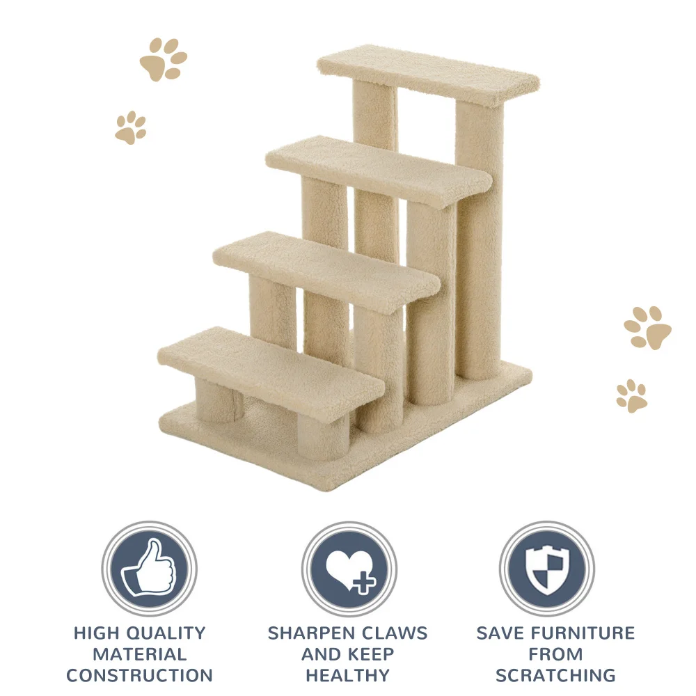 PawHut 25" 4-Step Multi-Level Carpeted Cat Scratching Post Pet Stairs Beige Large Cat Tree Kitten Apartment Scratch Able