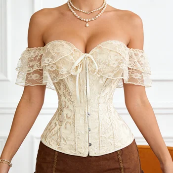 Top Corsetto in Pizzo Jacquard con Spalle Scoperte, Chiusura Frontale a Busk, Modellante per la Vita da Donna