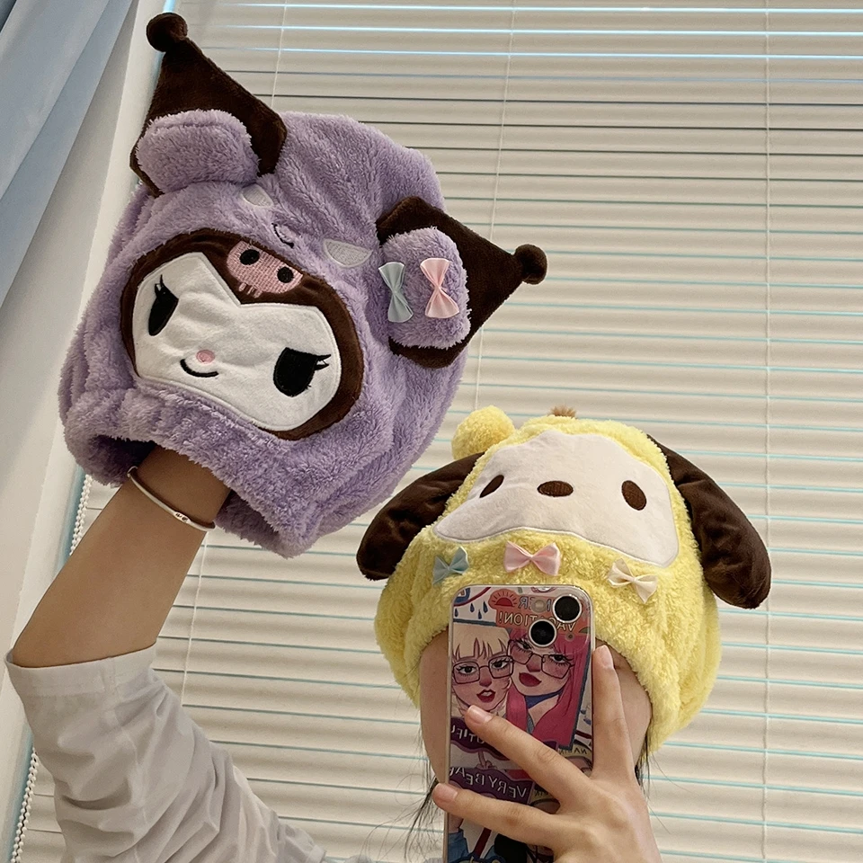 Cute My Melody Kuromi Dry Hair Cap Pom Pom Purin Long Hair Quick-Dry Hair Towel Women Girl Japanese Style Hair Twist