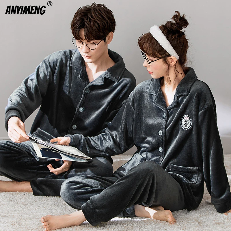 Winter New Leisure Flannel Pajamas Set for Young Couple Fashion Cardigan Thick Pajama for Women Long Sleeve Sleepwear for Men cotton pjs