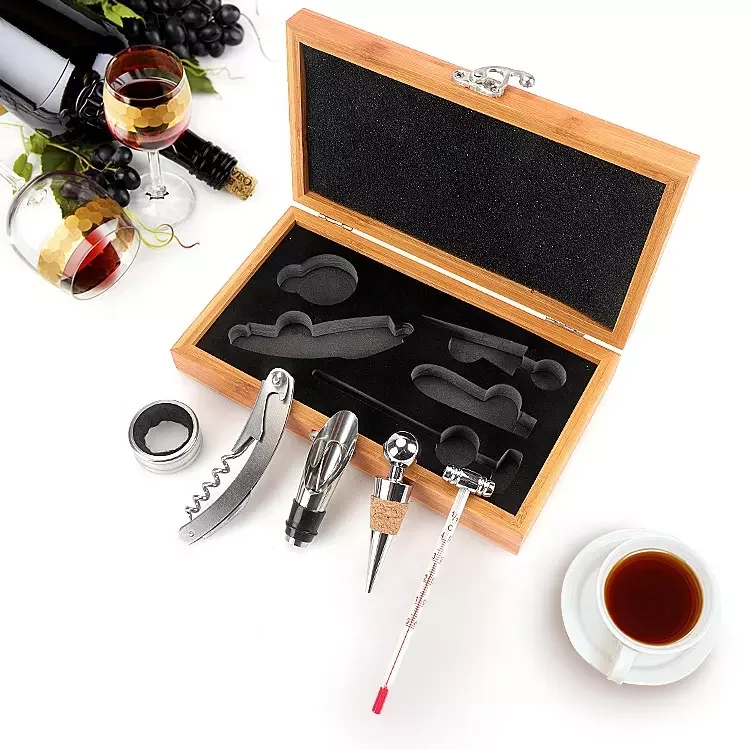 5pcs Bar Tools Wine Bottle Corkscrew Opener in Pourer Wooden Box 5 Pieces Kit Wine Accessories Gift Set with Bamboo