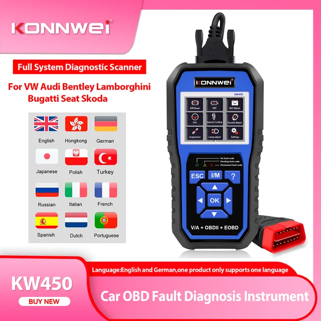 2026 KONNWEI KW450 Full Systems OBD2 Diagnostic Tool VW Audi SEAT SKODA ABS Airbag Oil EPB DPF SRS TPMS Reset Scanner VAG COM