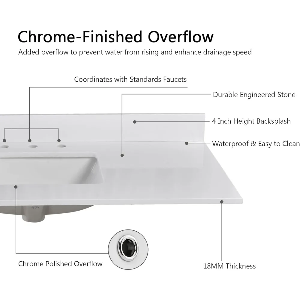48 Inch Solid White Vanity Sink Top, Engineered Stone Vanity Top,8 Inch Widespread Faucet Hole with Backsplash Countertops 6