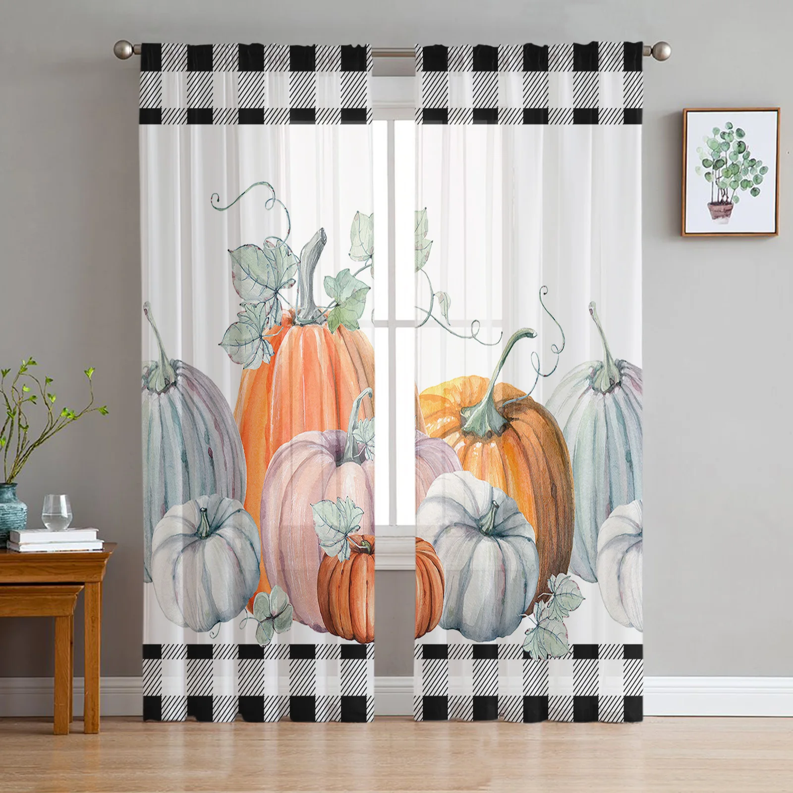 

Thanksgiving Autumn Pumpkin Plaid Sheer Curtains for Living Room Bedroom Tulle Curtain for Kitchen Voile Curtain Blind Panels