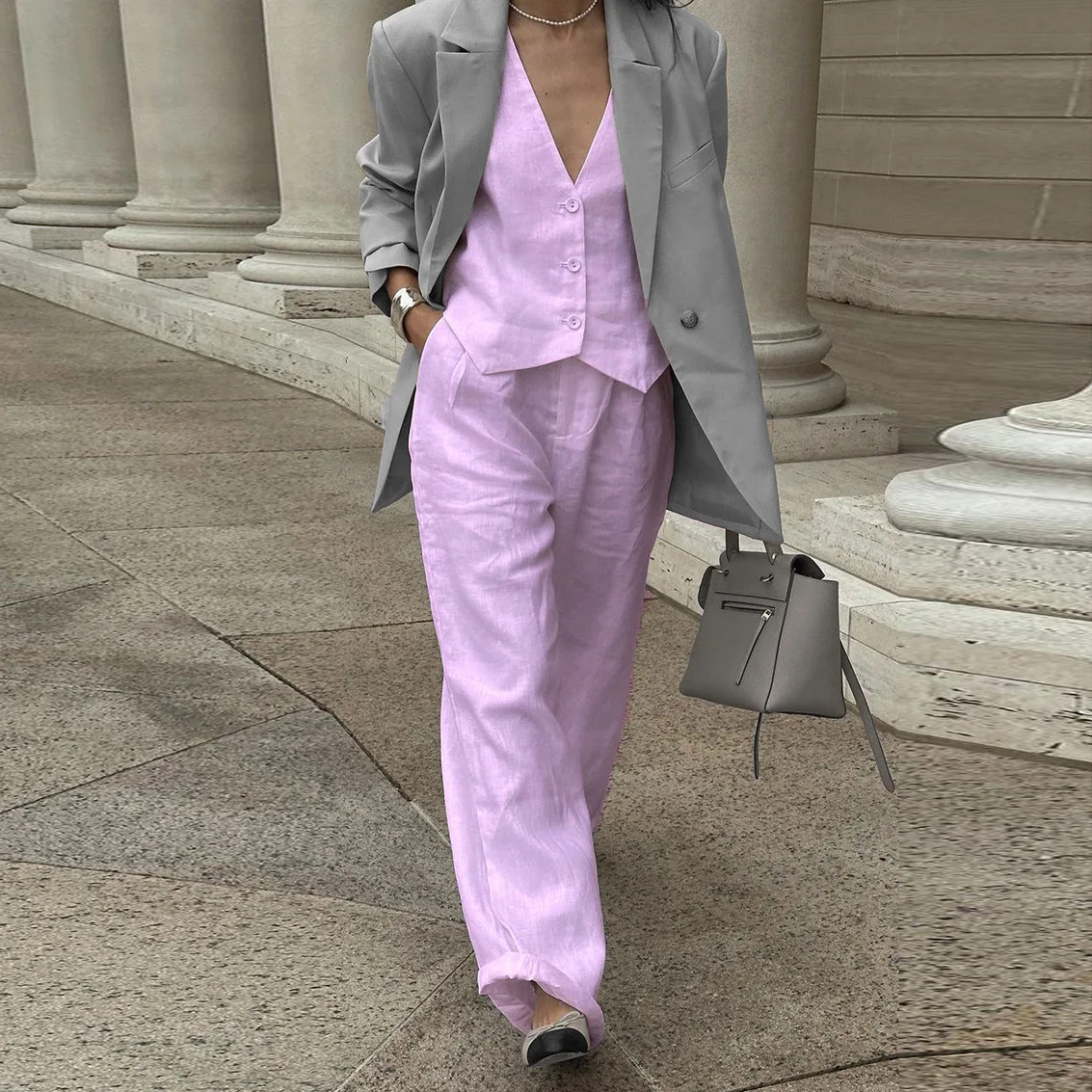 Casual Women 2 Piece-Set Straight Legg And Sleeveless Top Vestidos Sets Slim V-Neck Summer Pocket Fashion Trousers Sets