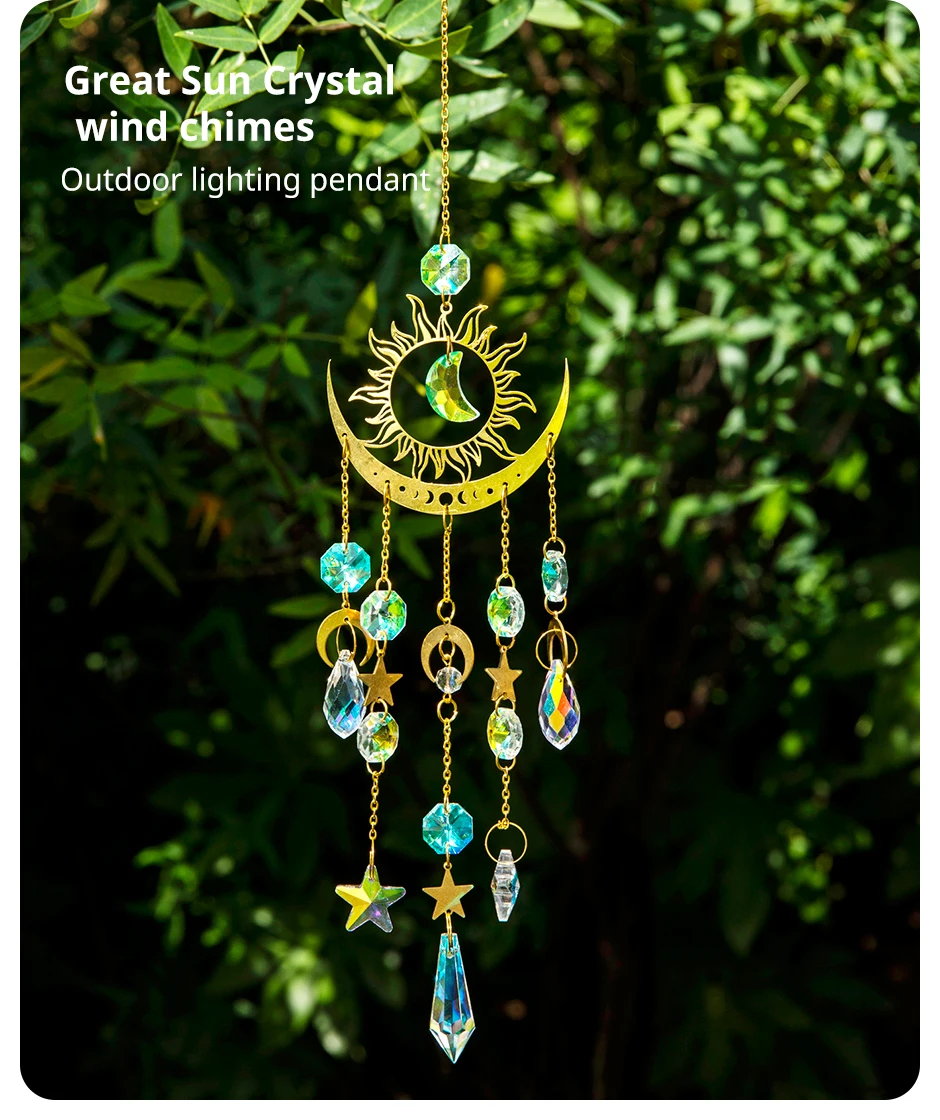 Description Picture 3 of item1 Pc Gold Star Moon Outdoor Lighting Crystal Wind Chime Hanging Garden Sun Catcher Holiday Wedding Party Decoration Supplies