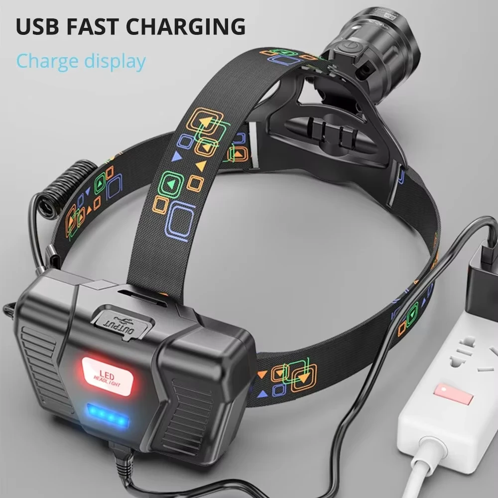 휴대용 회전식 줌 가능 LED 헤드라이트 USB 충전식 방수 헤드 램프 내장 배터리 토치 낚시 캠핑 헤드 라이트