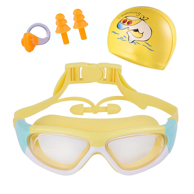Children's Swimming Goggles Boys and Girls Anti-Fog Swimming Goggles Large Frame Goggles One-Piece Earplugs Nose Clip Swimming C 3