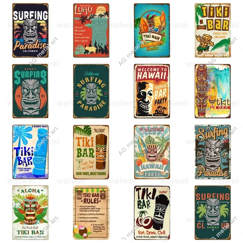 

Weiwei Metal Sheet Hawaiian Landscape Tiki Bar Tin Poster Retro Sizzling Teen Room Restaurant Bar Club Wall Decoration posters