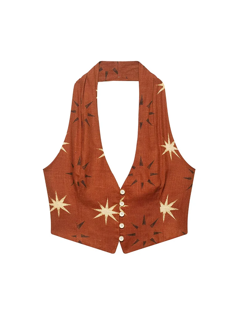 TFMLN Women Print Straight Long Pants Sets Chic Back Design Sexy Backless Halter Short Top High Waist Casual Wide Leg Pants