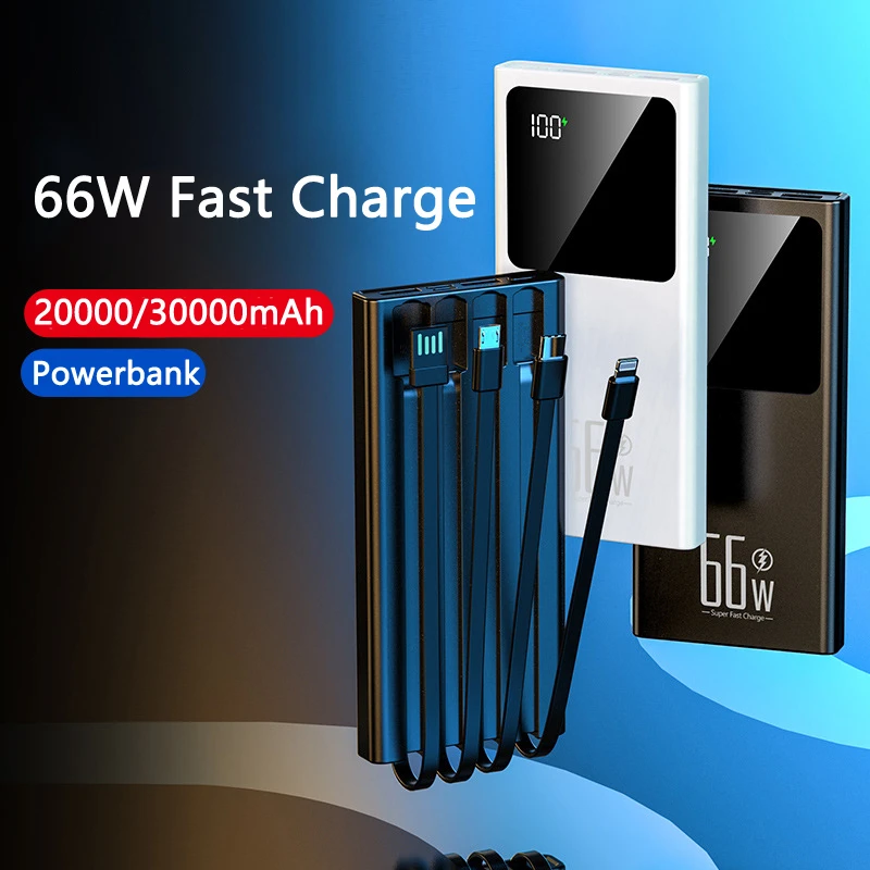 30000mAh Power Bank 66W Super Fast Charging PowerBank for iPhone 16 Samsung Xiaomi Mi Portable Charger Built in Cable Poverbank 4