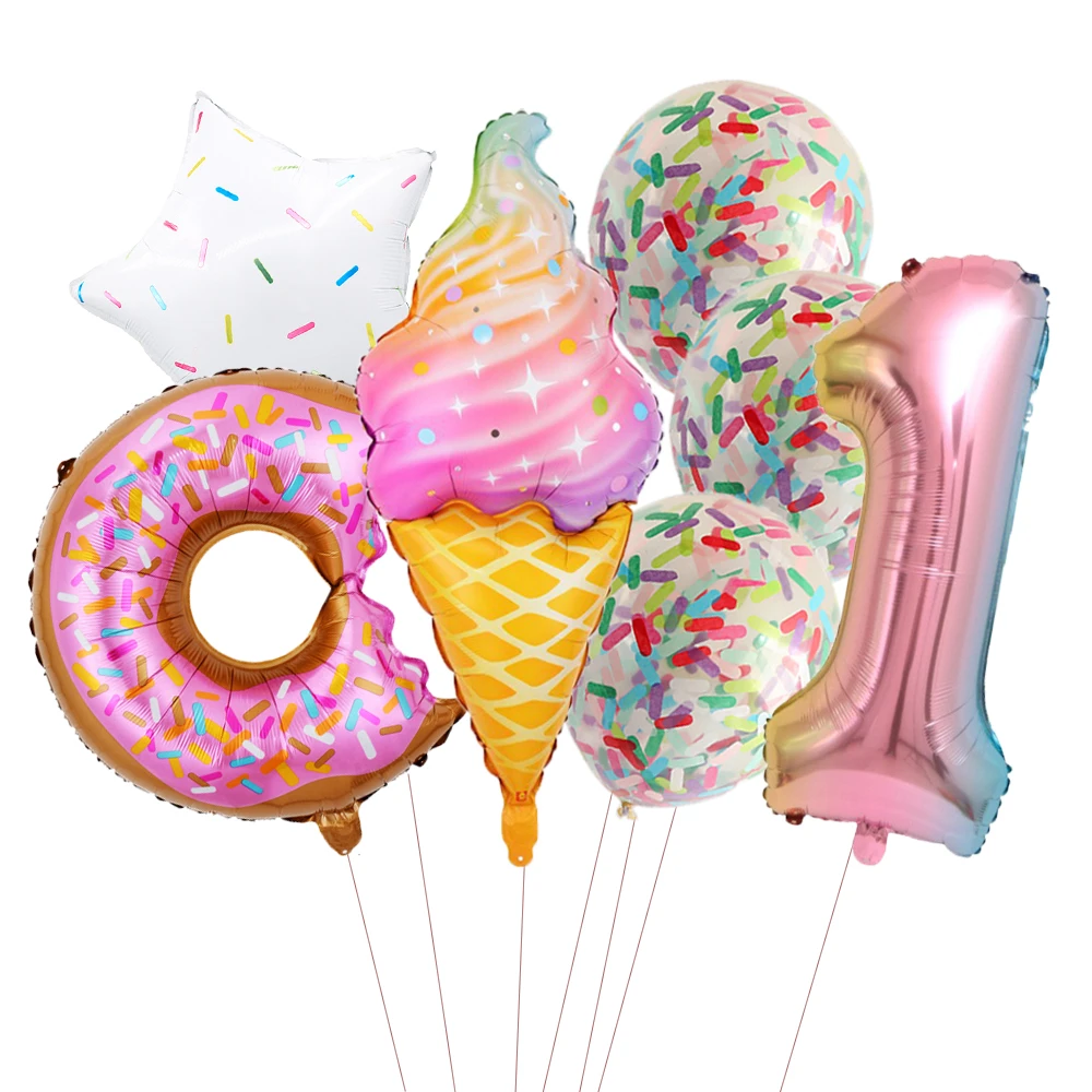Globos de aluminio con forma de donut y helado de caramelo con confeti de colores para fiestas de cumpleaños infantiles de 1, 2, 3, 4, 5, 6, 7, 8 y 9 años, decoración para baby shower