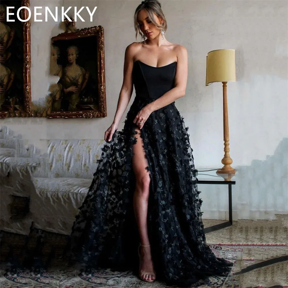 

EOENKKY 3D Floral Lace Black Prpm Dress Strapless A-Line Prom Dress Corset Side Split Graduation Party Dress Vestidos De Noche