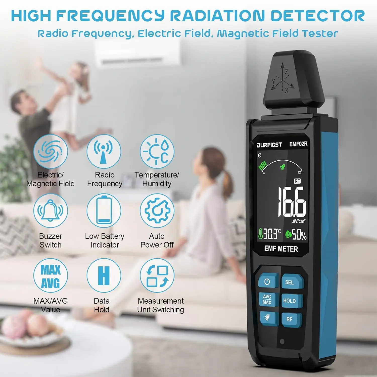 EMF 감지기, 5 in 1 충전식 디지털 EMF 방사선 감지기, 주변 온도 및 습도 측정, 가정용 EMF 감지