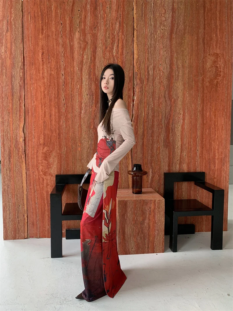 CHEERART Vintage Red Mesh Long Skirts For Woman Lace Up Wrap